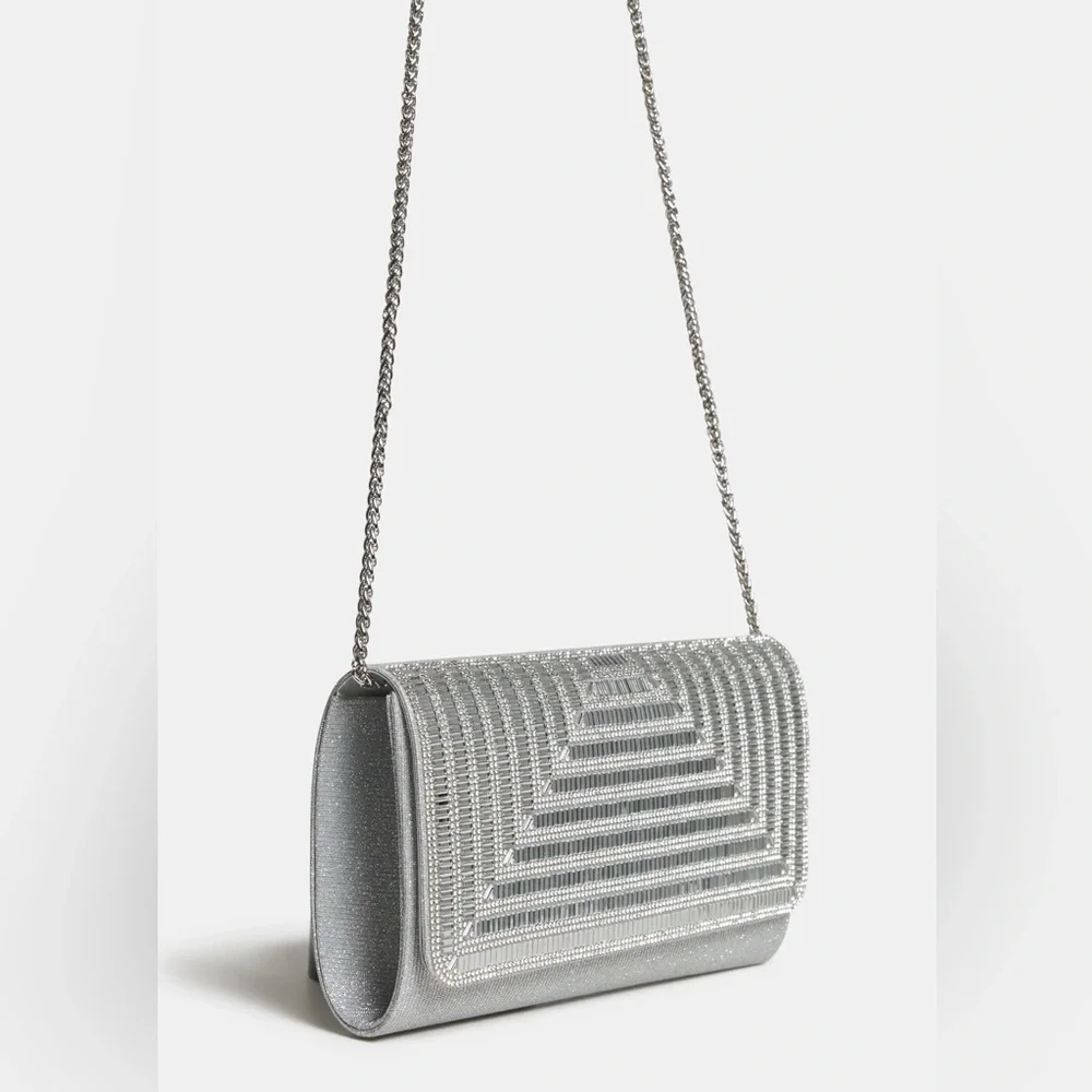 Melanie Lyne Silver Crystal Clutch Bag with silvertone chain glitter wedding